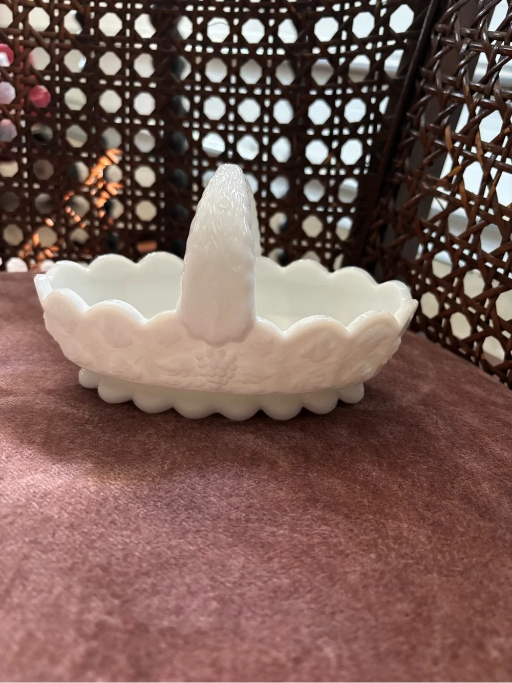 Westmoreland White Milk Glass Scalloped Basket in Paneled Grape Pattern